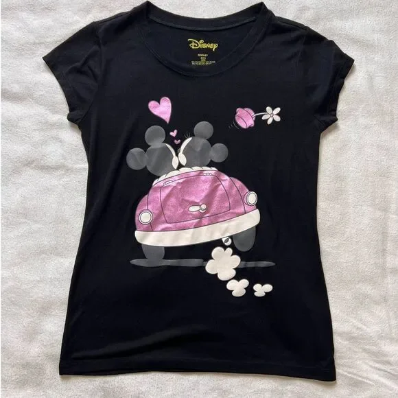 Disney Black/Pink/White Mickey/Minnie Graphic Short Sleeve T-Shirt- S - Picture 2 of 11